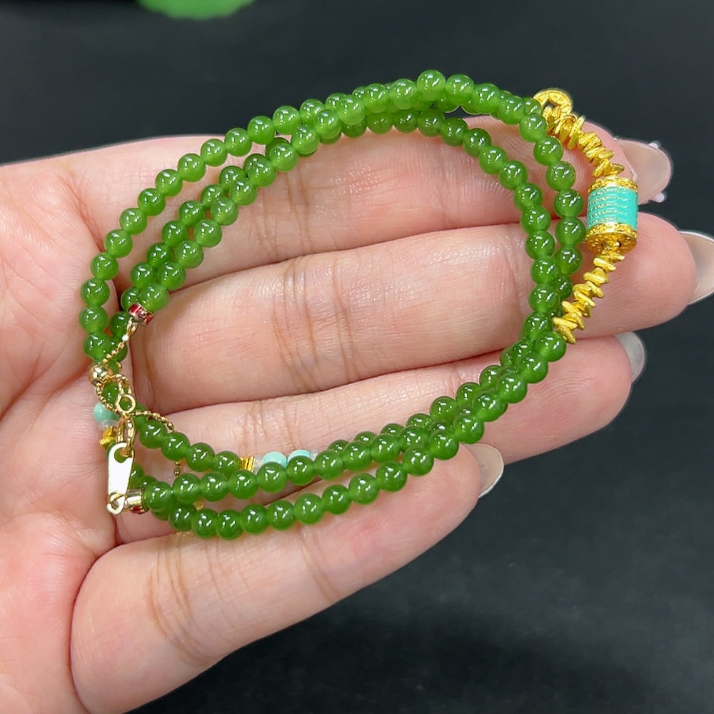 Hetian Jade Jasper Bead Necklace, approx. 3.5mm, total weight approx. 11.4g, marked red non-gold, uncertain color parts, undetectable string, rest 18k, non-Hetian Jade accessory beads