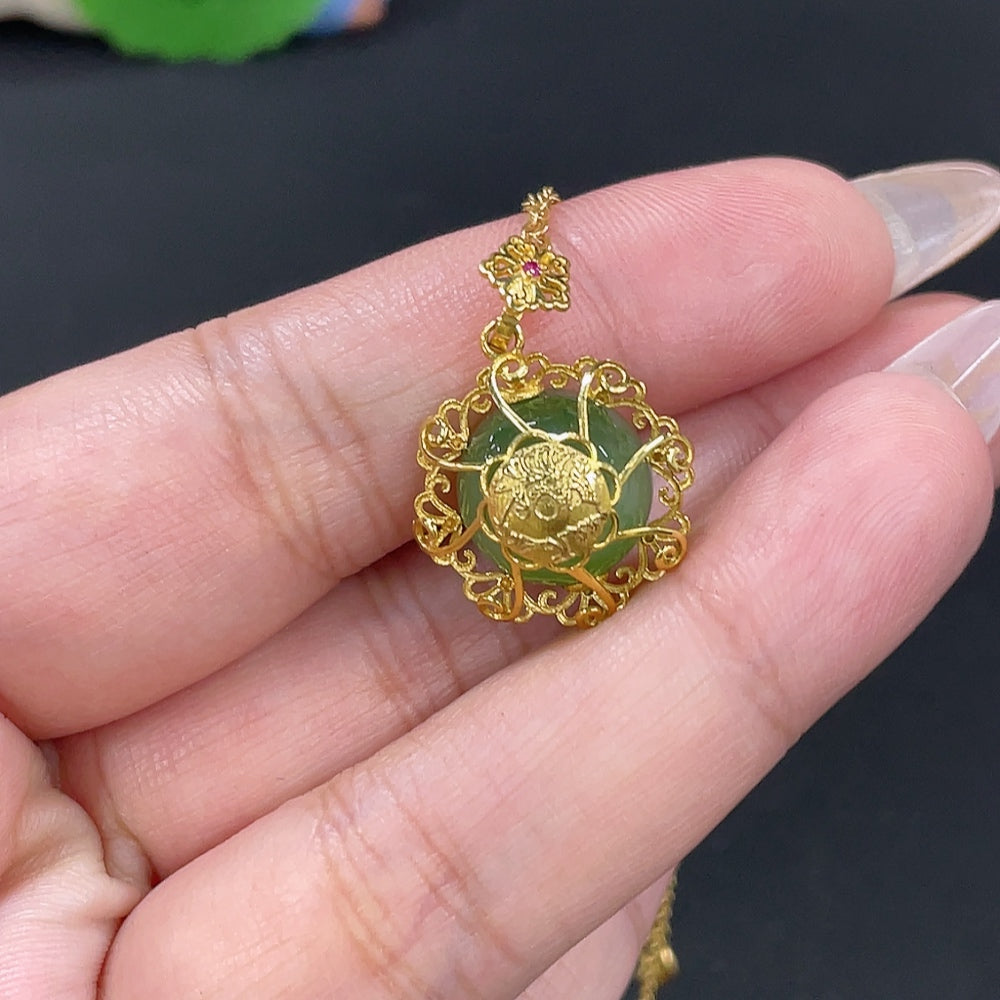 Hetian Jade Inlaid Pendant Single Bead Approx. 11.8mm Total Weight [Including Chain] 5.7g 18k