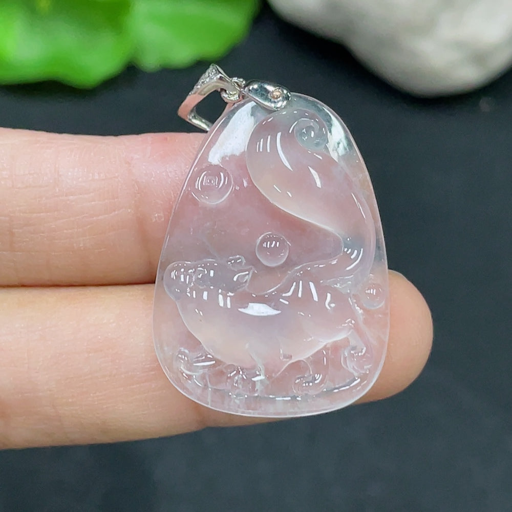 HKHQ Jadeite pendant with clasp, featuring vibrant green jade, certified by Huiliu, showcasing smooth polished surface and intricate design.