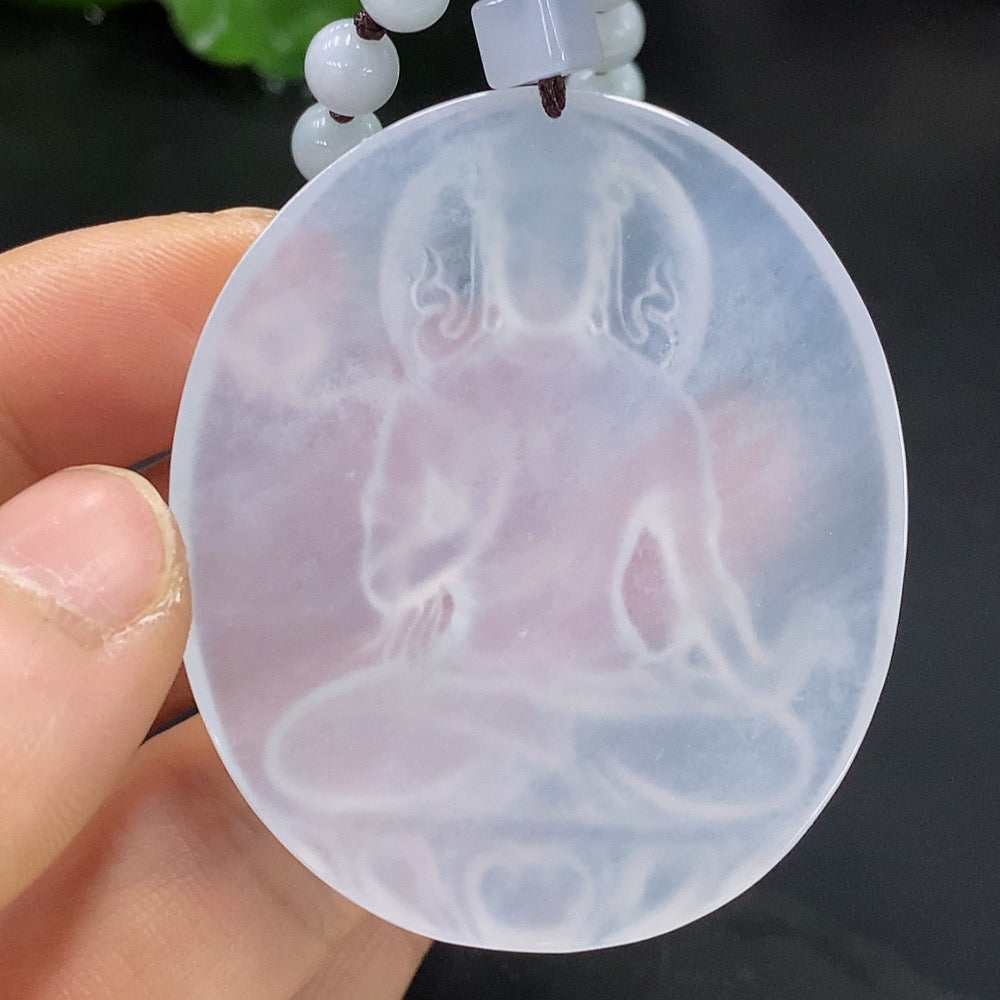 Jadeite Guanyin Pendant with a Total Weight of Approximately 61.89g (Including Chain) and Yellow Beads of Undetermined Color Origin