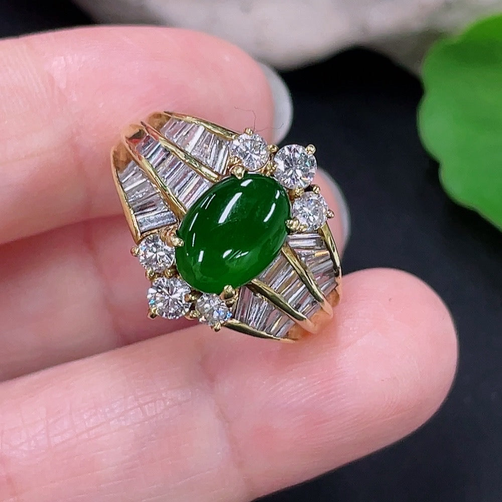 Jadeite inlaid ring Size 16 Au73% Total weight approx. 8.3g (with diamond accents)