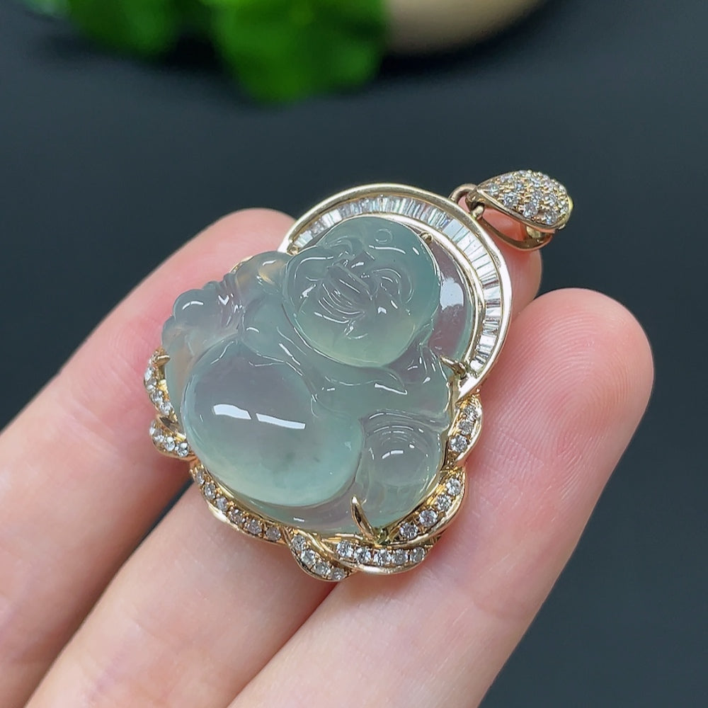 Jadeite Buddha Pendant with 18k Gold and Diamond Accents, Total Weight Approximately 11.47g