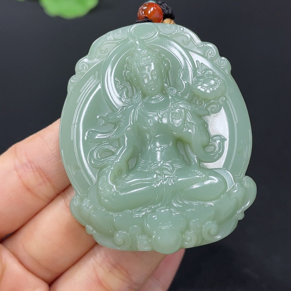 Hetian jade Guanyin pendant with rope, weighing approximately 52.5g, crafted from high-quality green jade stone.
