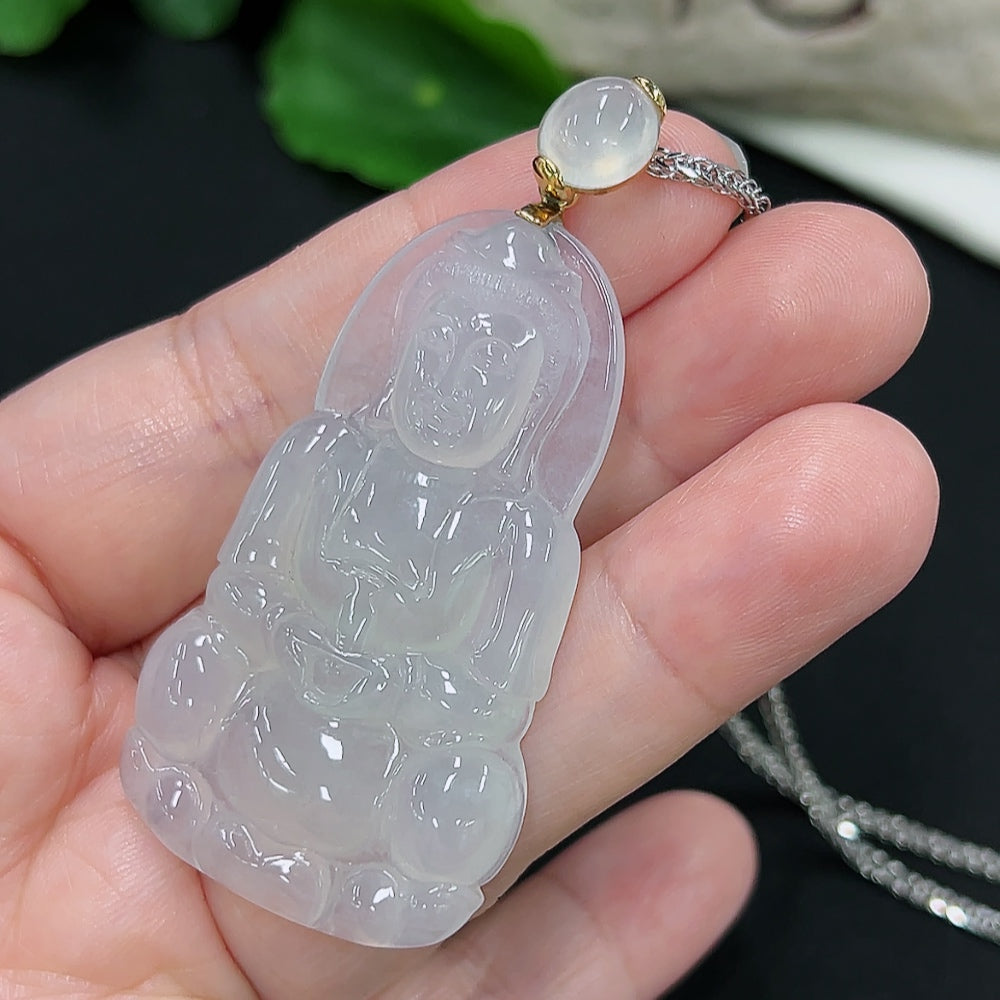 Jadeite Guanyin Pendant with 18K Gold, Pt950 Chain