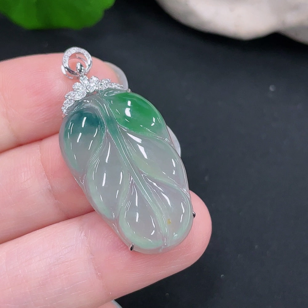 Jadeite Pendant Leaf with 18k Gold and Diamond Accents, Total Weight Approximately 4.17g