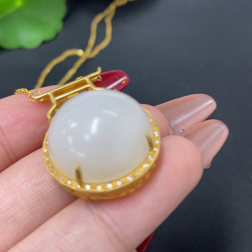 Hetian Jade Pendant with 18K Gold and Diamond Accents, Total Weight Approx. 10.5g (Including Chain)