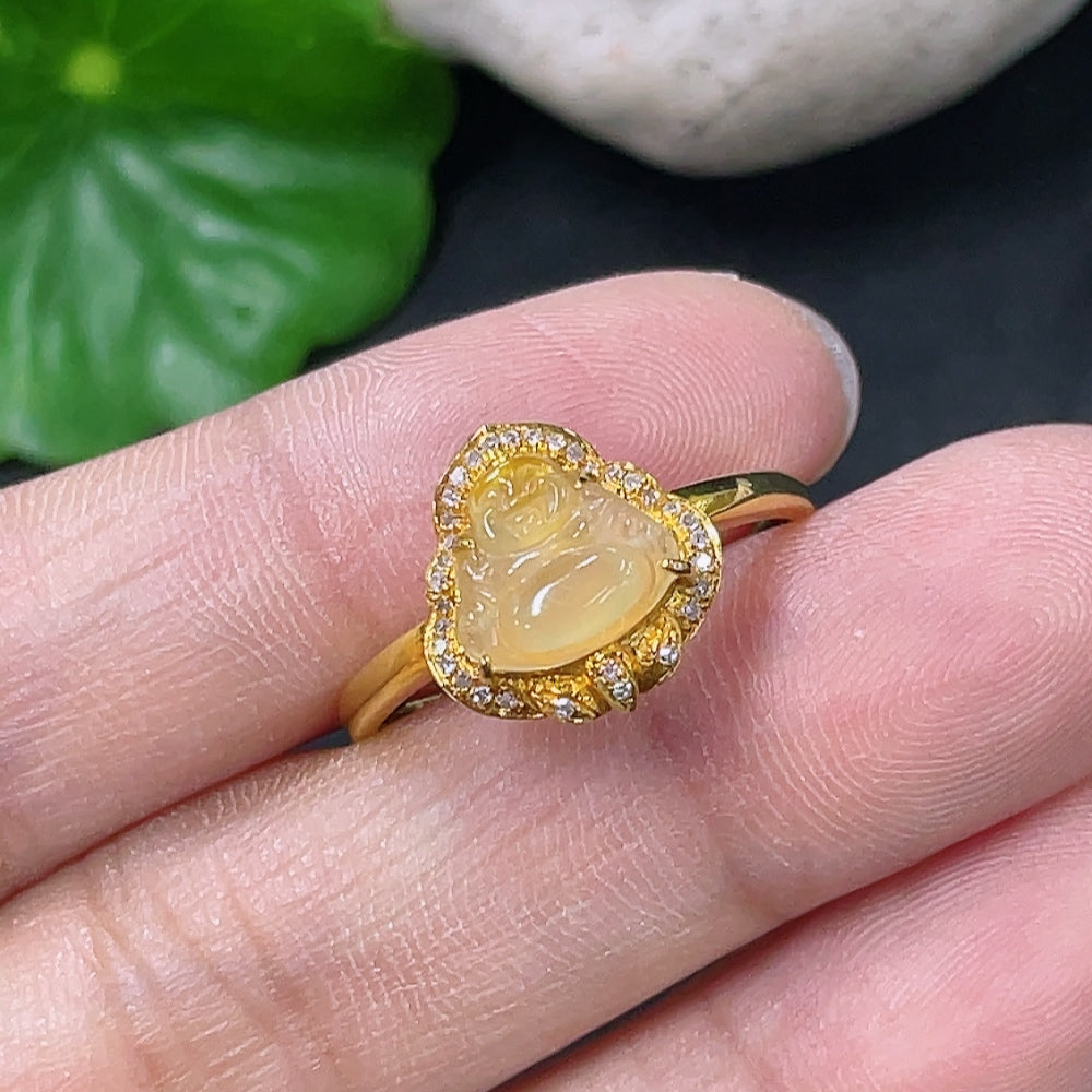 Jadeite Buddha Ring with 18k Gold Setting, Color Origin Undetermined, Diamond Accents, Base Metal Affects Color