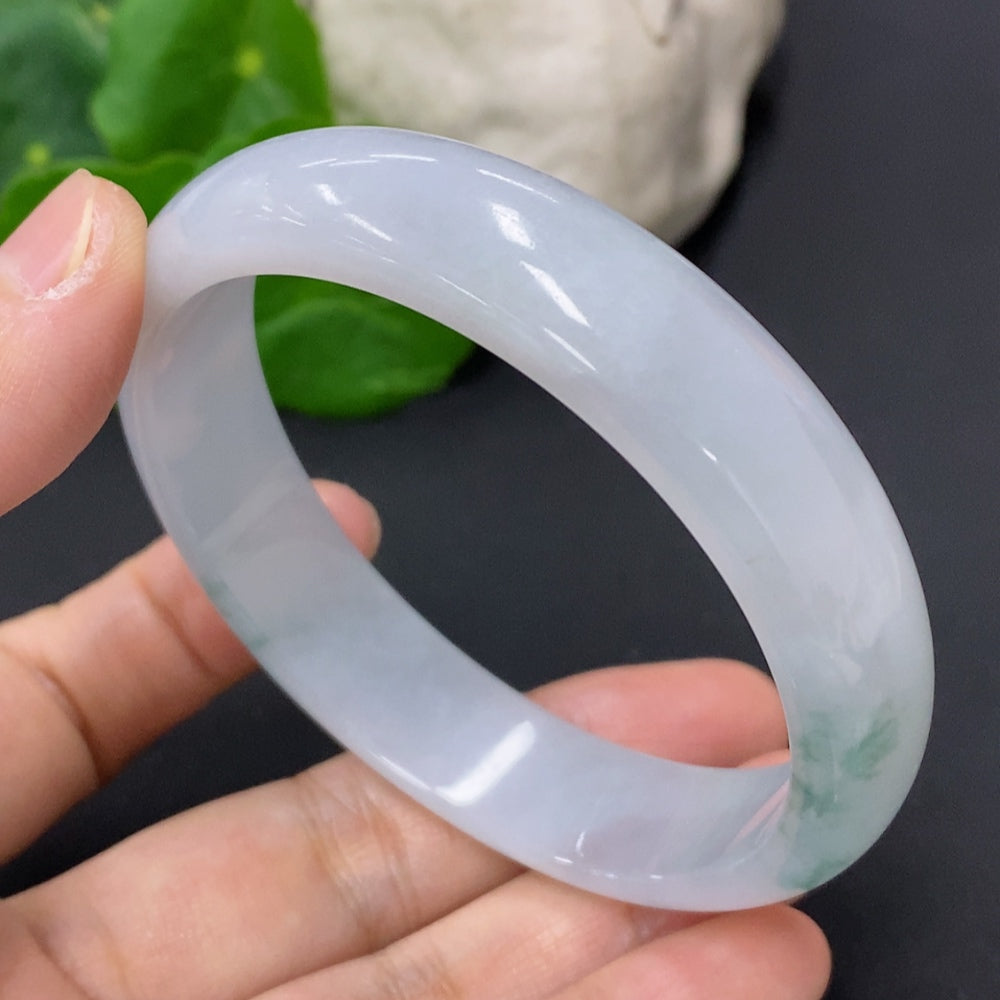 Jadeite round bangle in size 59.2 with a total weight of 52.4g, crafted by HKHQ, showcasing smooth, polished jade surface.