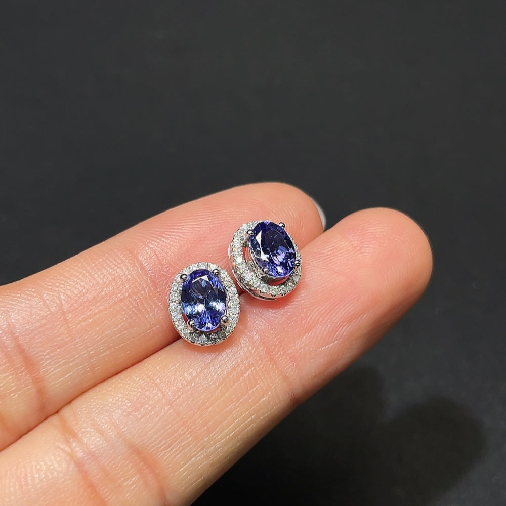 18K Gold Tanzanite Earrings with Diamond Accents, Total Weight Approx. 2.3g