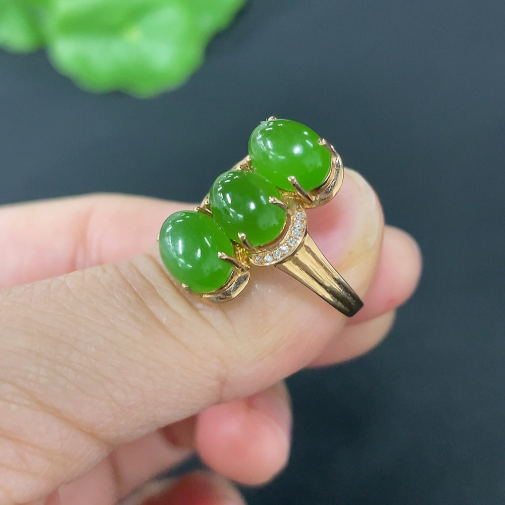 Hetian Jade Jasper Inlaid Ring, 18k Gold, Size 15, Total Weight Approx. 3.1g, Accented with Diamonds