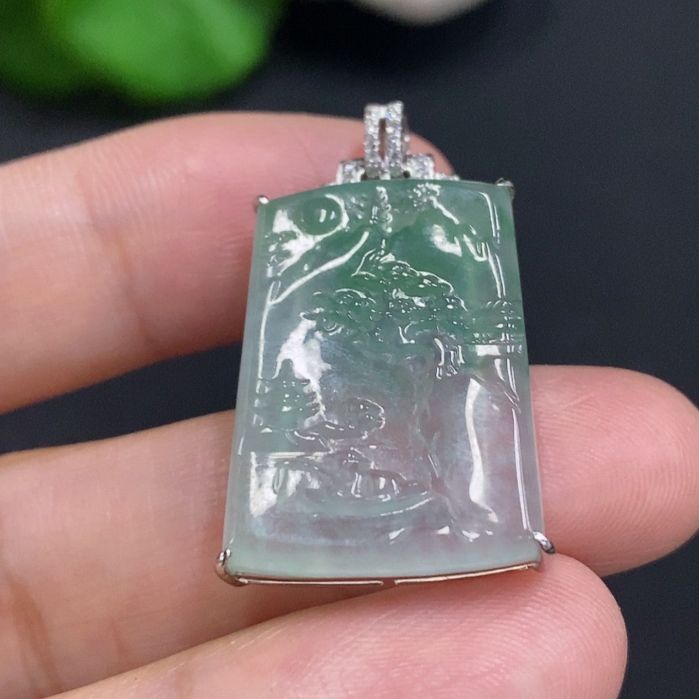 Jadeite Landscape Inlaid Pendant 18K Gold Total Weight Approx. 4.9g