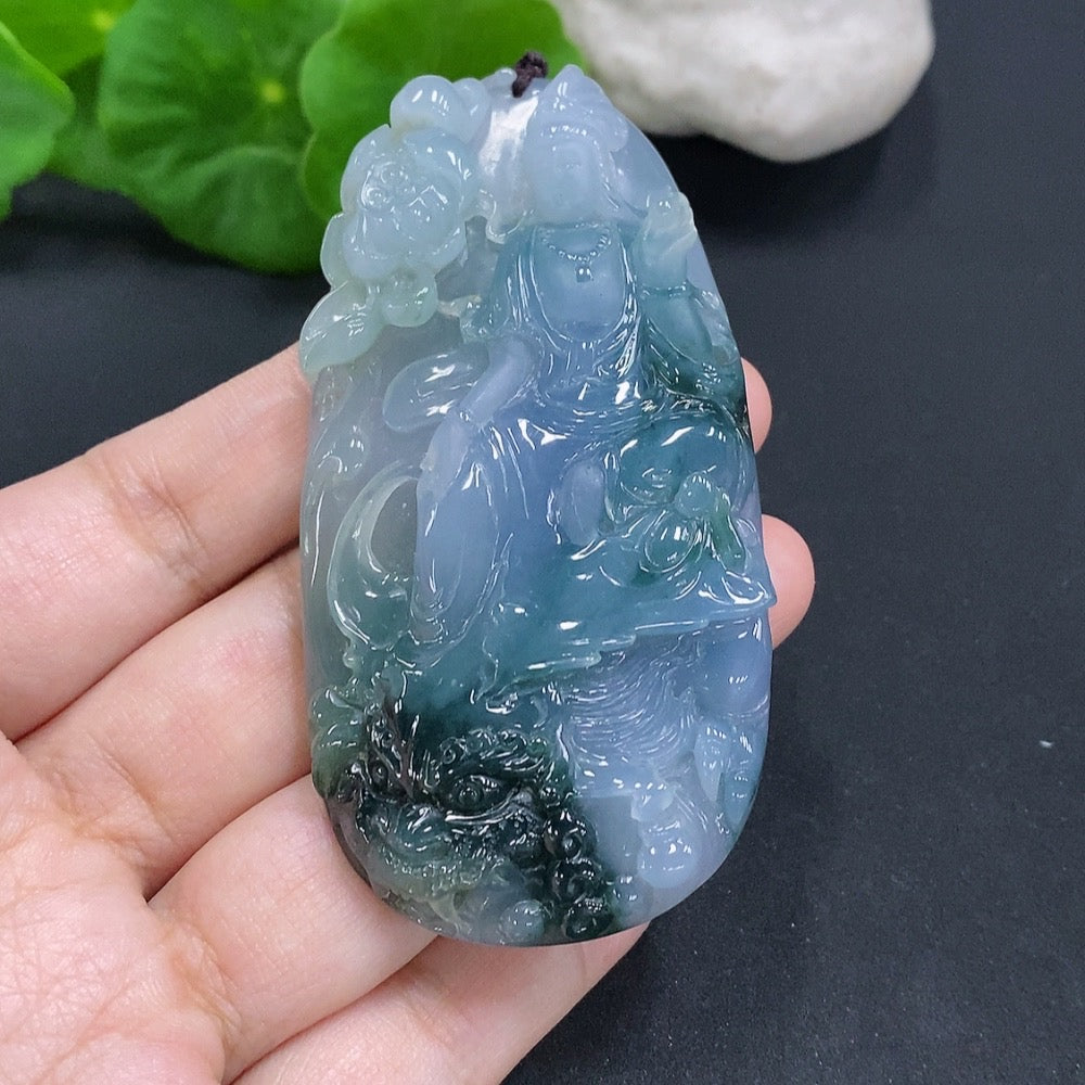 Jadeite Imperial Dragon Guanyin Pendant with Chain, Total Weight Approx. 128.2g (Color Origin Undetermined)