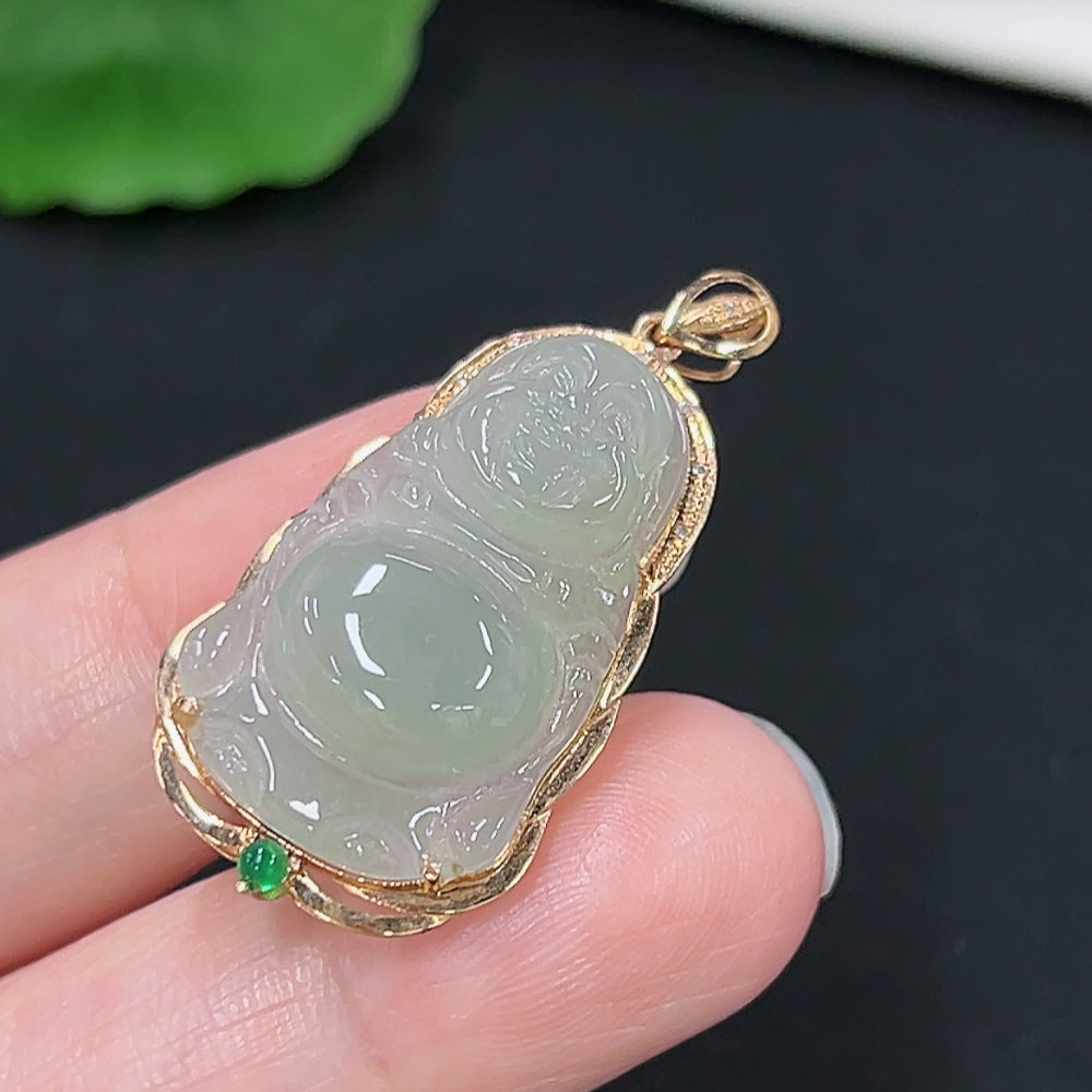 Jadeite standing Buddha pendant with 18K gold inlay and diamond accents, weighing approximately 3.7g, crafted by HKHQ.