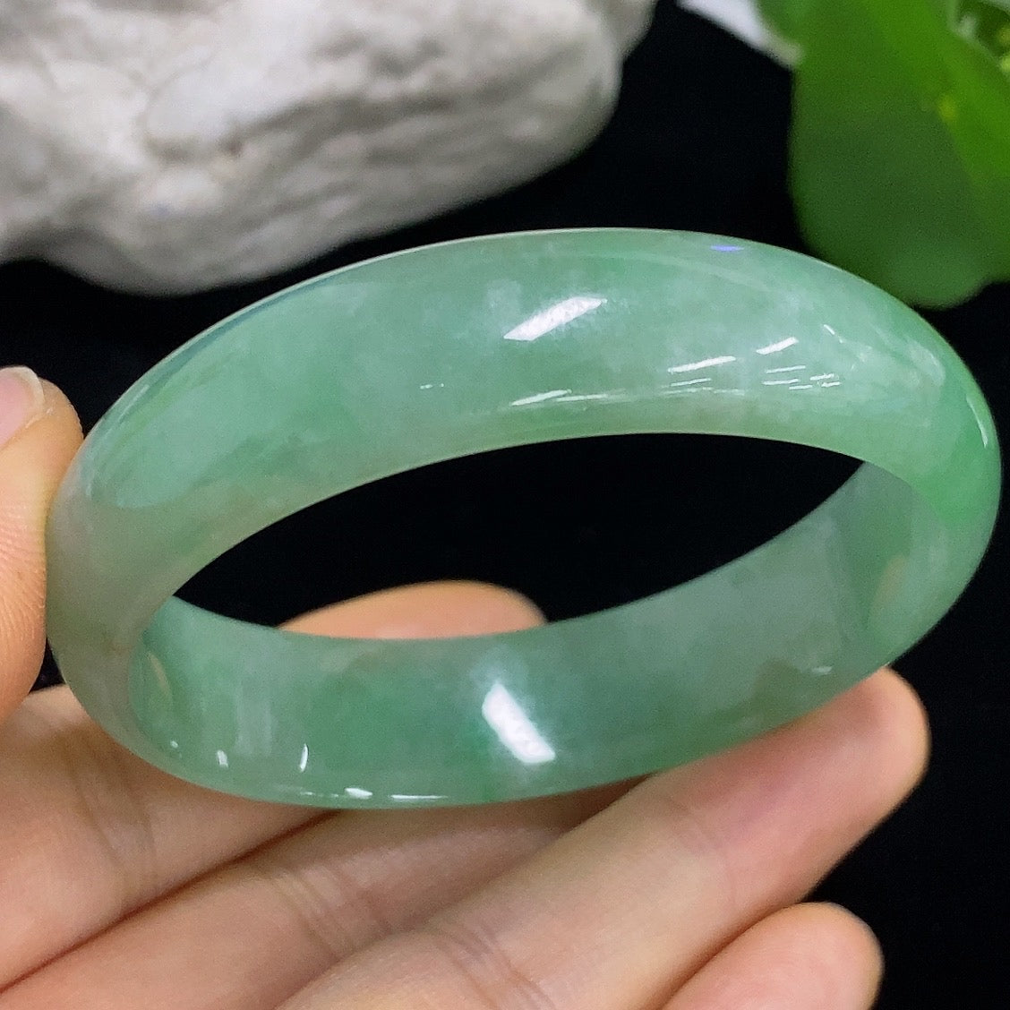Jadeite Concubine bracelet by HKHQ showcasing smooth, polished green jade stones with silver clasps, size 52.5/47.8, weight 33.21g