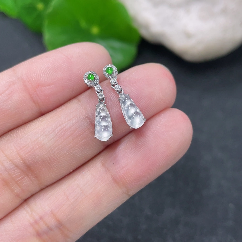 HKHQ Jadeite Lucky Bean stud earrings in 18K gold with diamond accents, featuring natural jade gemstones and a delicate design.