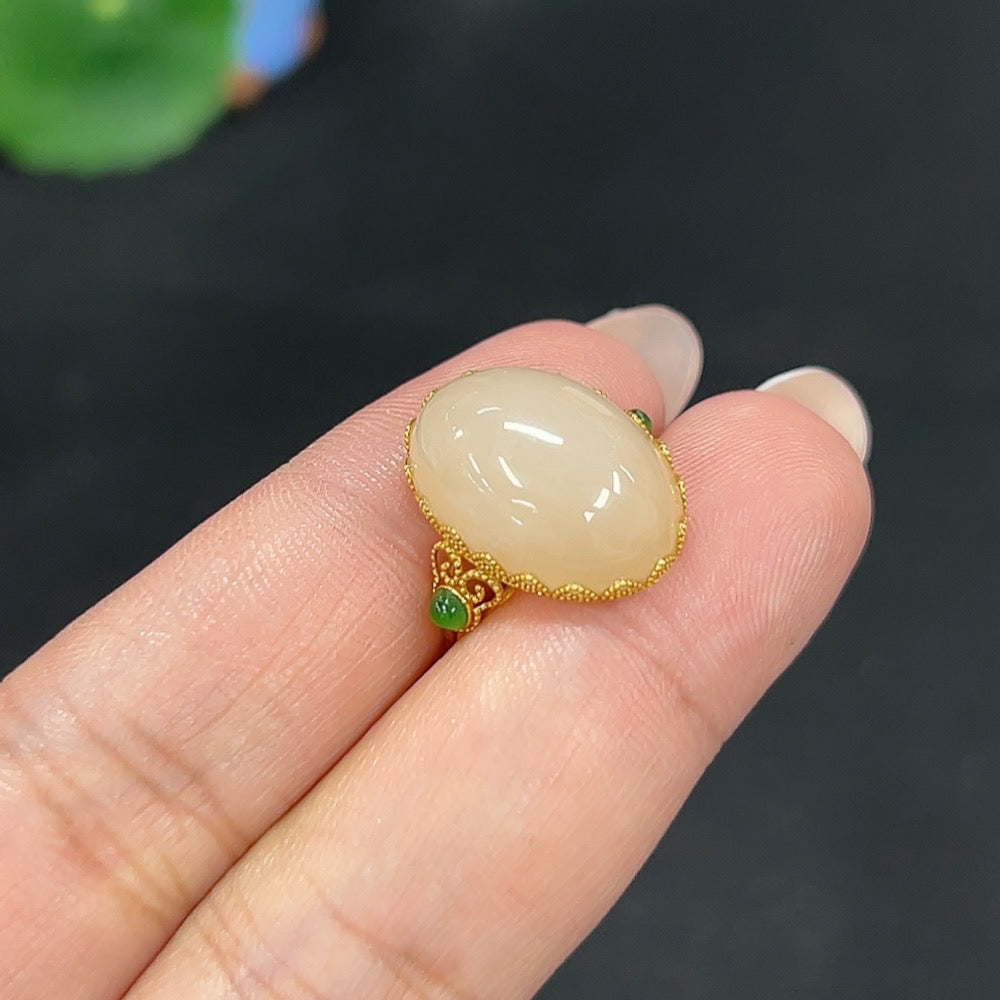 Hetian Jade Inlaid Ring Size 13 Total Weight Approx. 3.4g 18k
