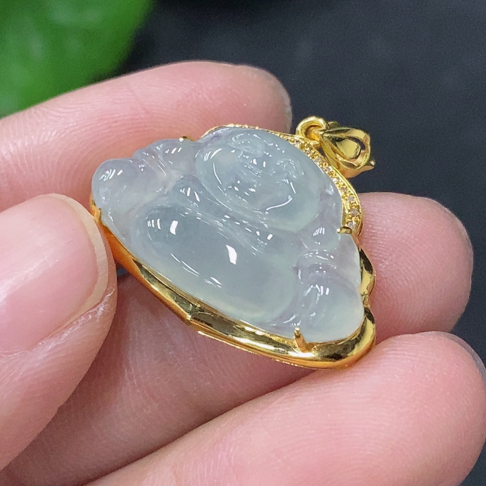 Jadeite Buddha Pendant with 18K Gold and Diamond Accents, Total Weight Approx. 2.8g