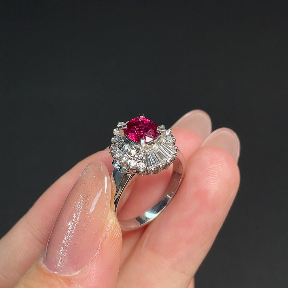 HKHQ Ruby Ring PT900 with diamond accents, size 14, showcasing vibrant red gemstones and sparkling diamond details.