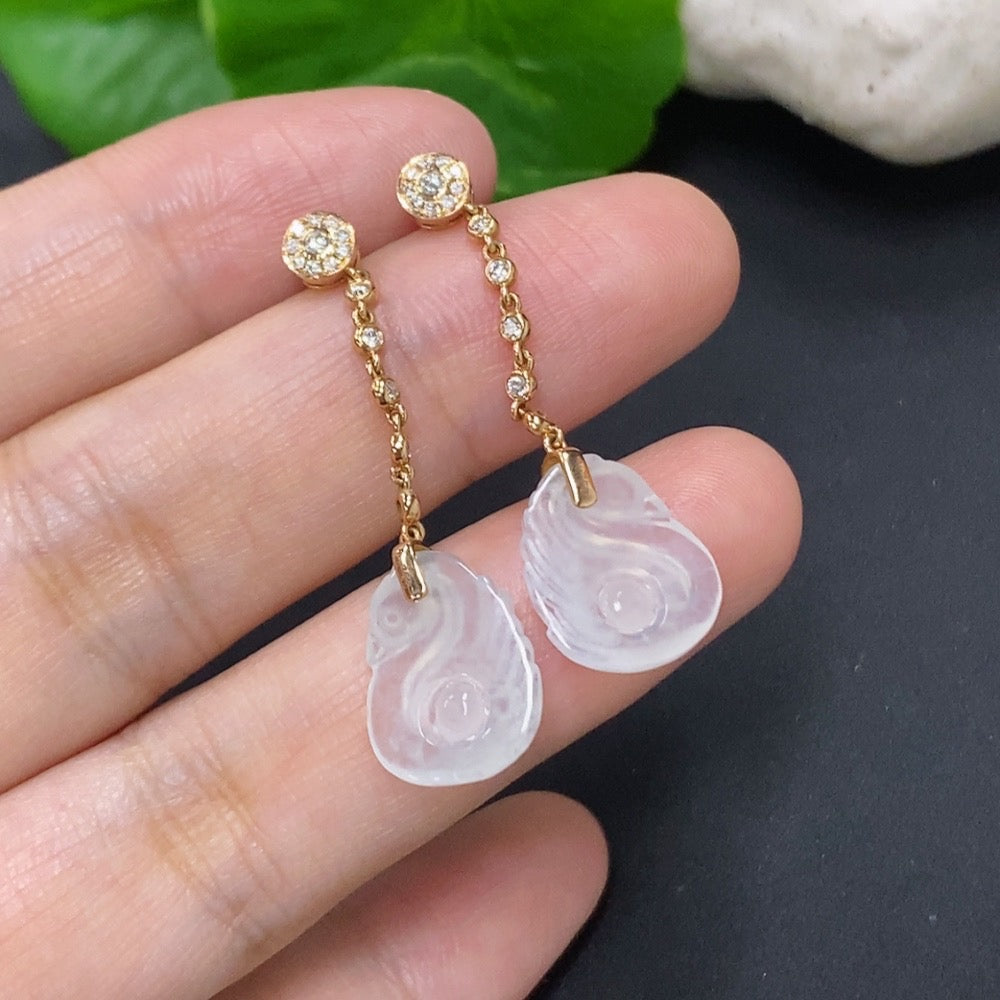 Jadeite swan inlaid earrings with 18k gold and diamond accents, featuring a detailed jade pendant and gold hooks.