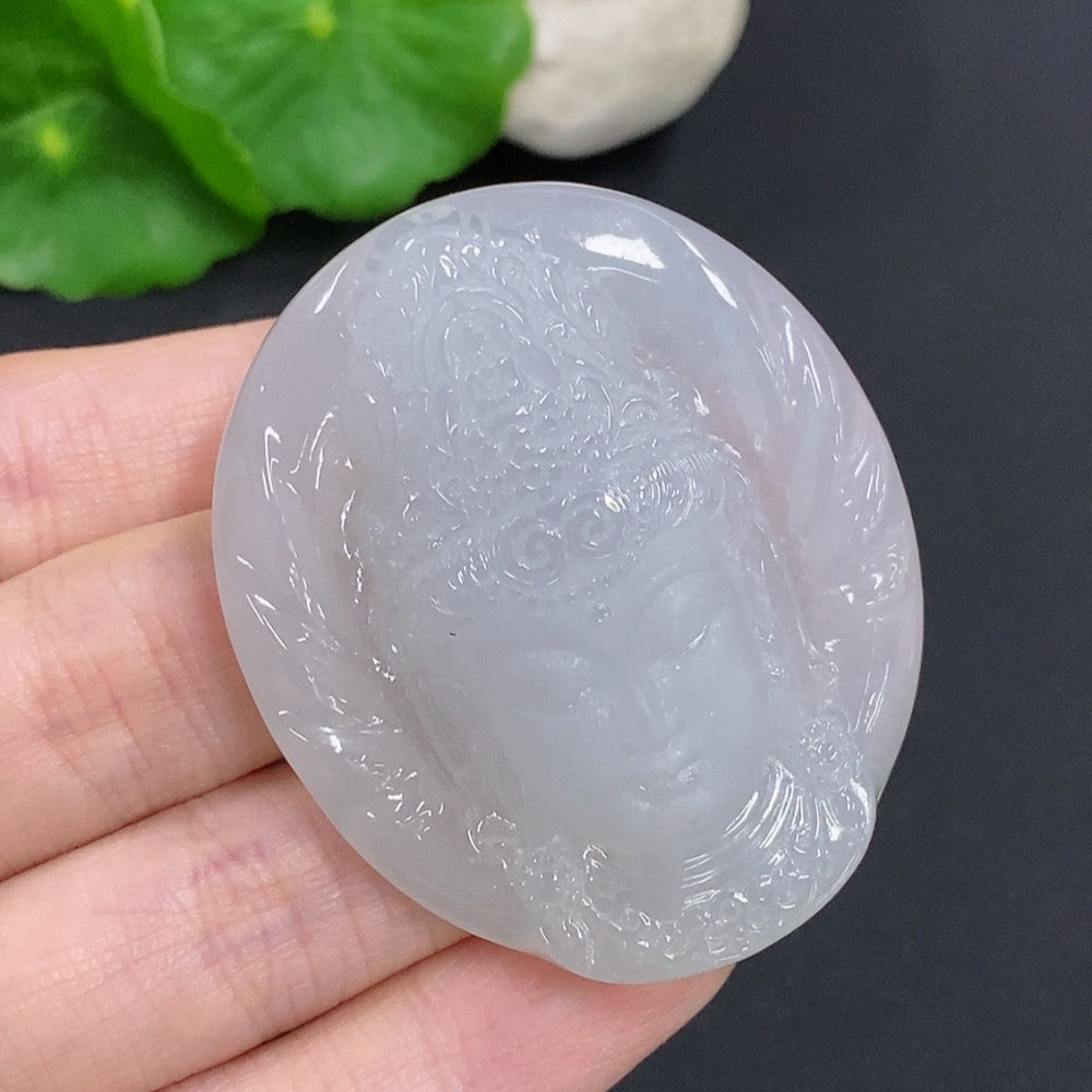 Jadeite Guanyin pendant necklace from HKHQ, detailed carved figure, approximately 38g, showcasing intricate craftsmanship and smooth jadeite.