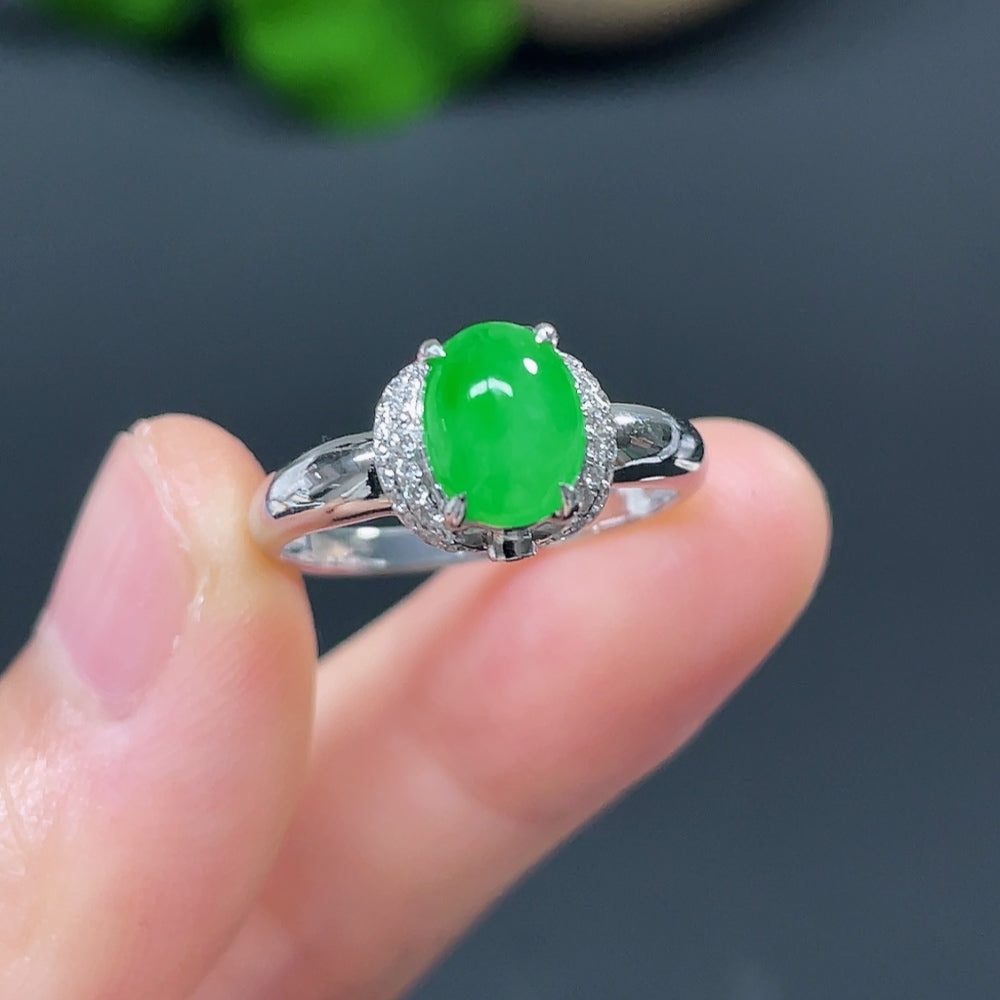 Jadeite Cabochon Solitaire Ring, 18K with Diamond Accents
