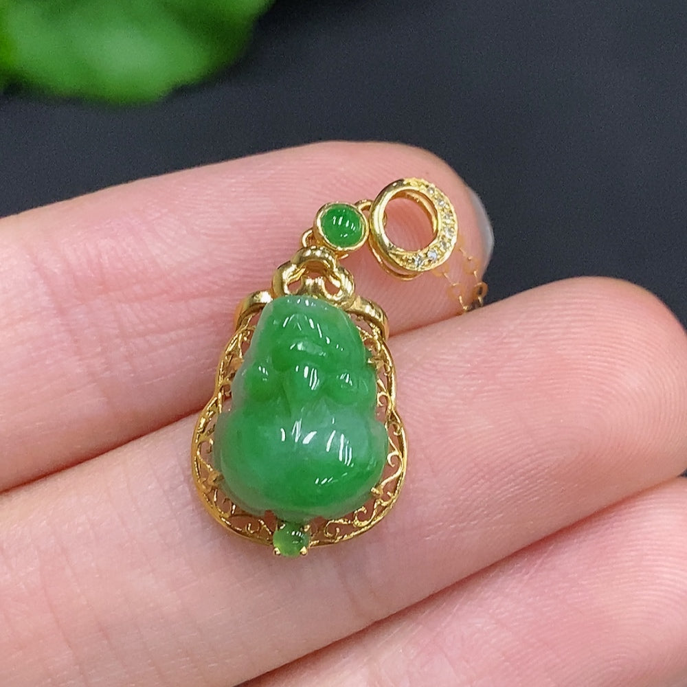 Jadeite Pi Xiu Inlaid Pendant 18K Gold Total Weight Approx. 1.9g Including Chain
