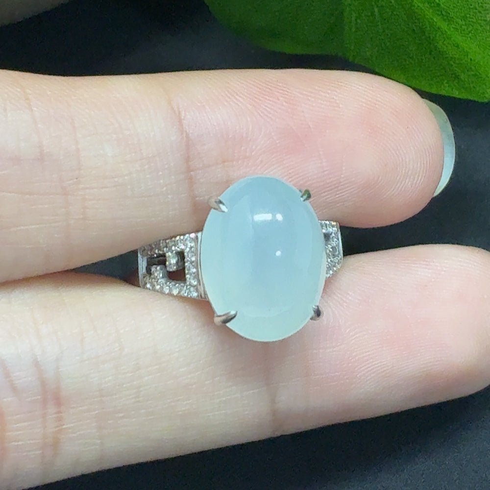Jadeite and diamond 18k gold cabochon ring with a large green jade stone, size 14, crafted by HKHQ.