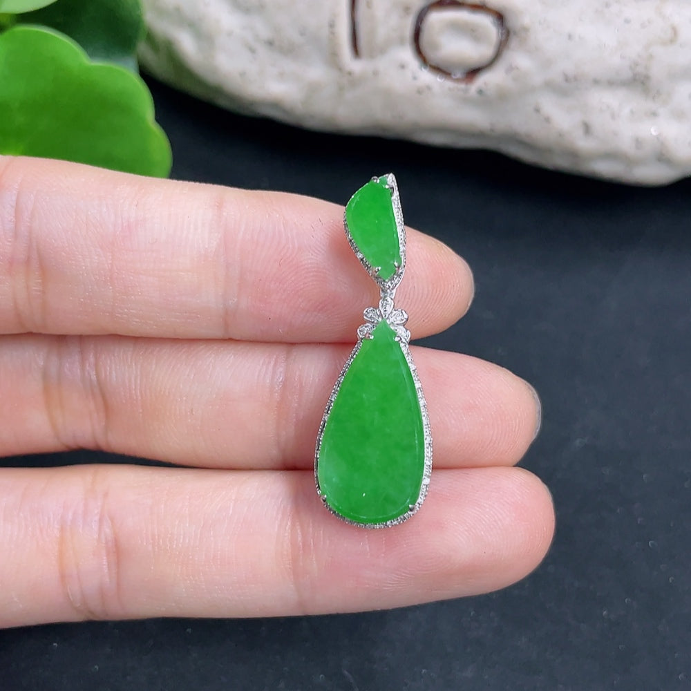 Jadeite water drop pendant with 18K gold and diamond accents, crafted by HKHQ, featuring a smooth, polished jade stone.