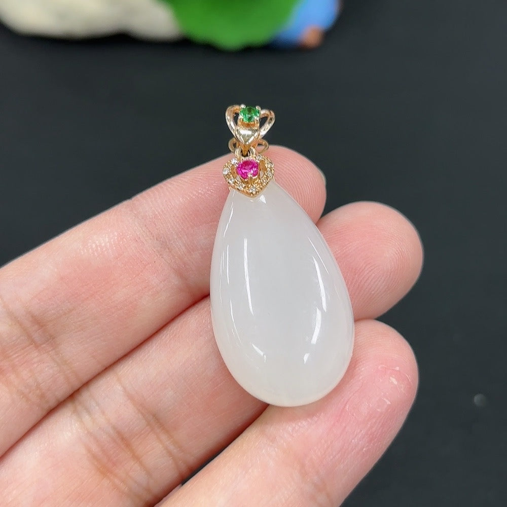 Hetian Jade Inlaid Pendant, Water Drop, 18K, Diamond Accents