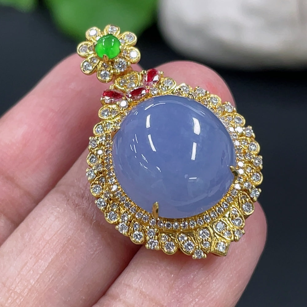 Jadeite Cabochon Pendant with 18K Gold Setting, Non-Diamond Accents (Medium 3 Pieces)