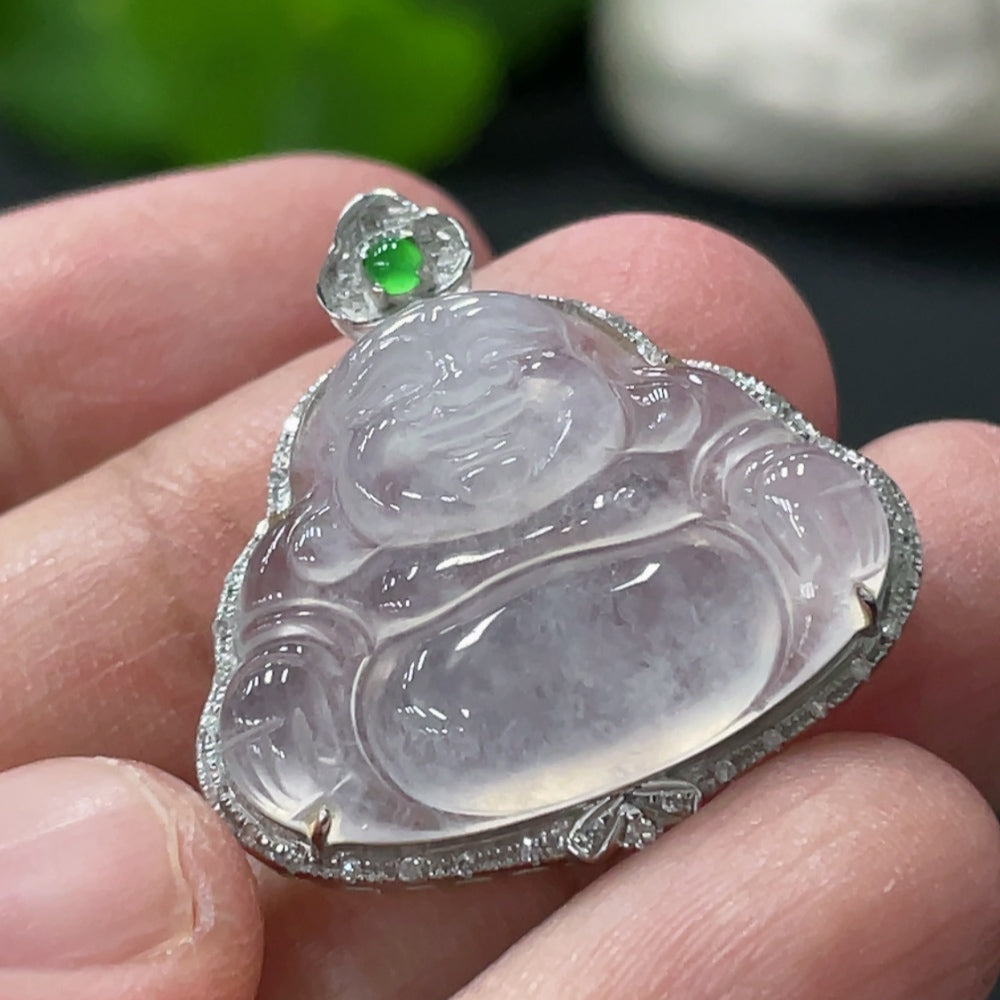 Jadeite Buddha Pendant with 18K Gold and Diamond Inlay, Total Weight Approx. 4.38g