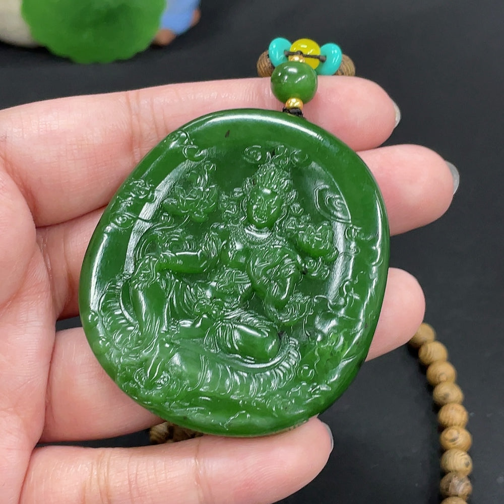 Hetian jade jasper pendant featuring Mahasthamaprapta Bodhisattva, crafted by HKHQ, with detailed carved jade imagery.