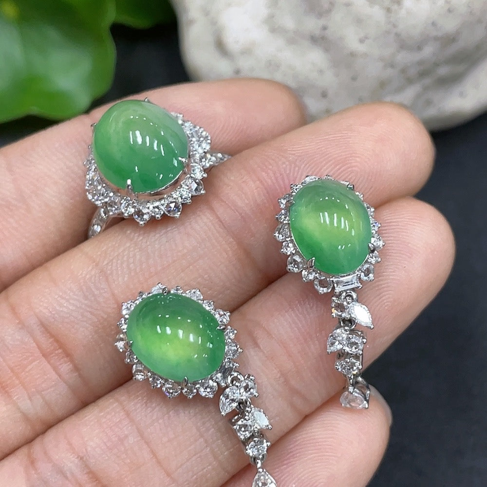 Jadeite Cabochon Earrings/Ring 18K Gold Setting Size 14 Total Weight Approx. 9.76g Wholesale Lot
