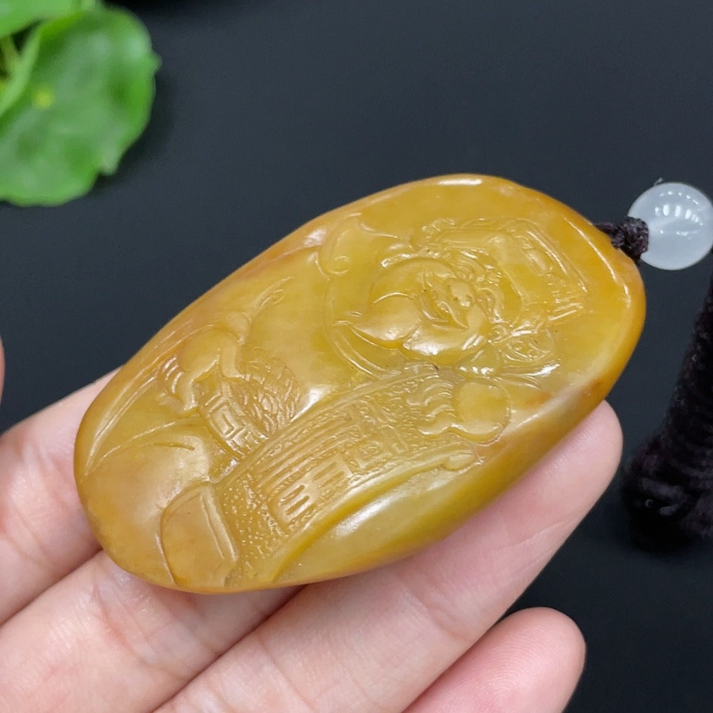 Hetian Jade Pendant   God of Wealth   Undetermined Skin Color Formation   Total Weight (including rope) approx. 34.9g