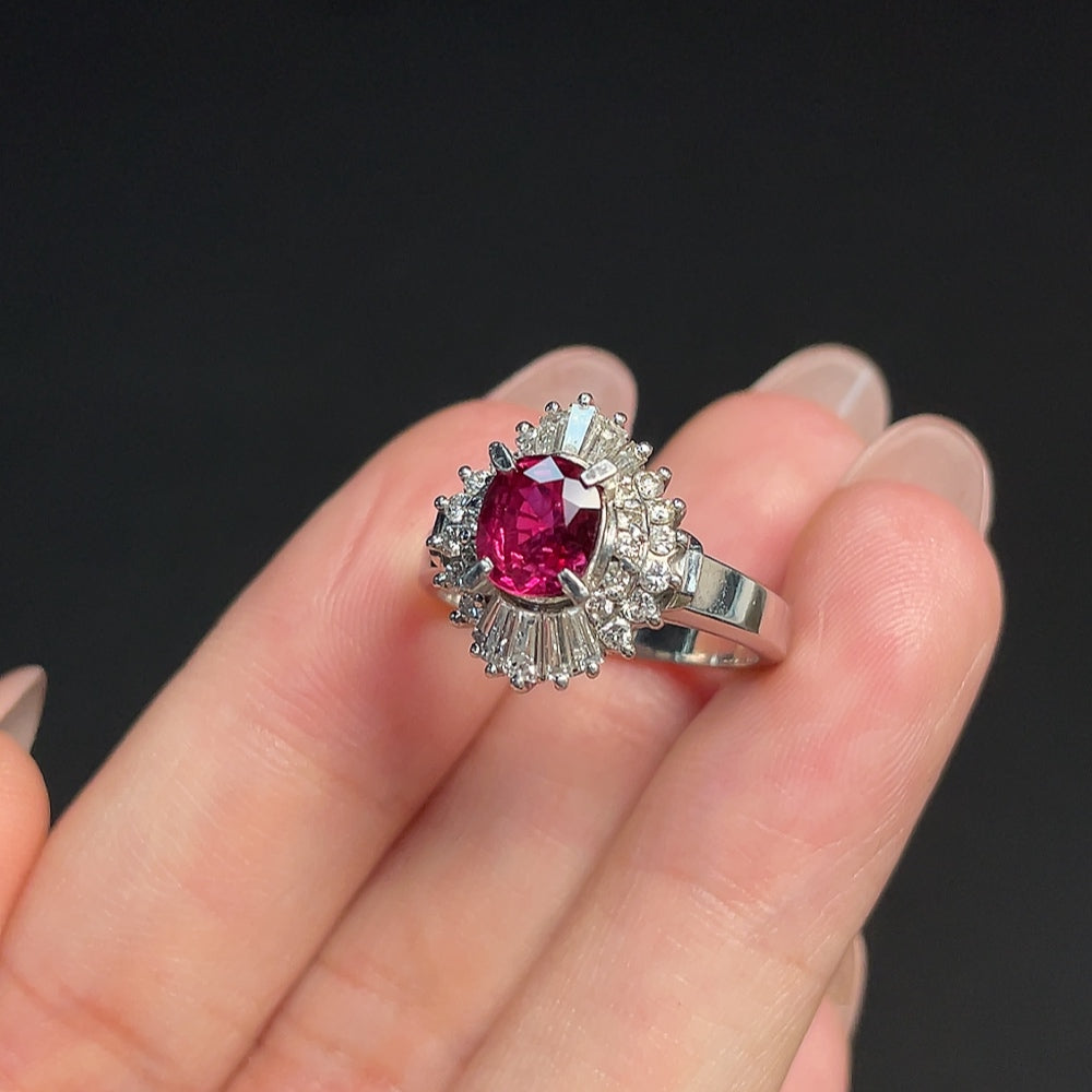 Ruby ring with diamond accents in PT900 gold, size 14, featuring vibrant gemstones and elegant craftsmanship.
