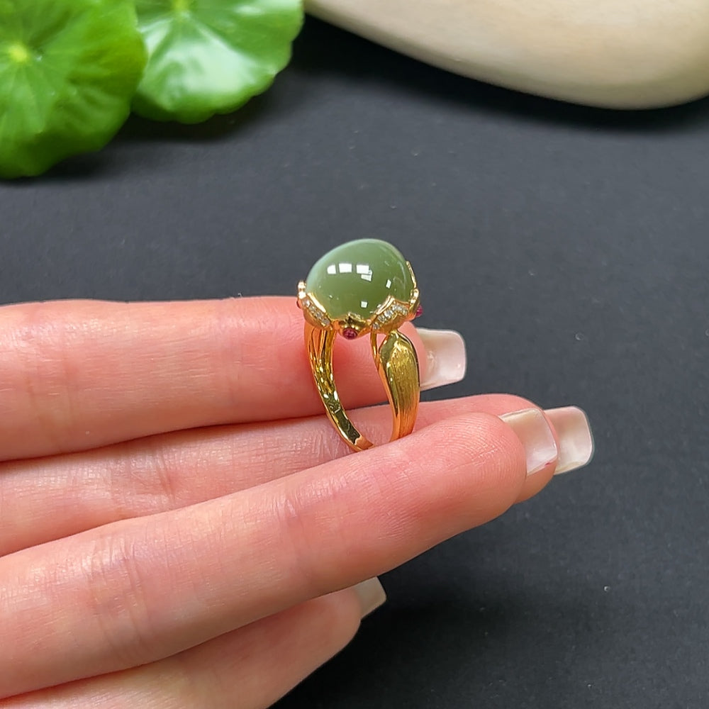 Hetian Jade Ring with Diamond Accents, 18K Gold, Size 11, Total Weight Approx. 4.49g