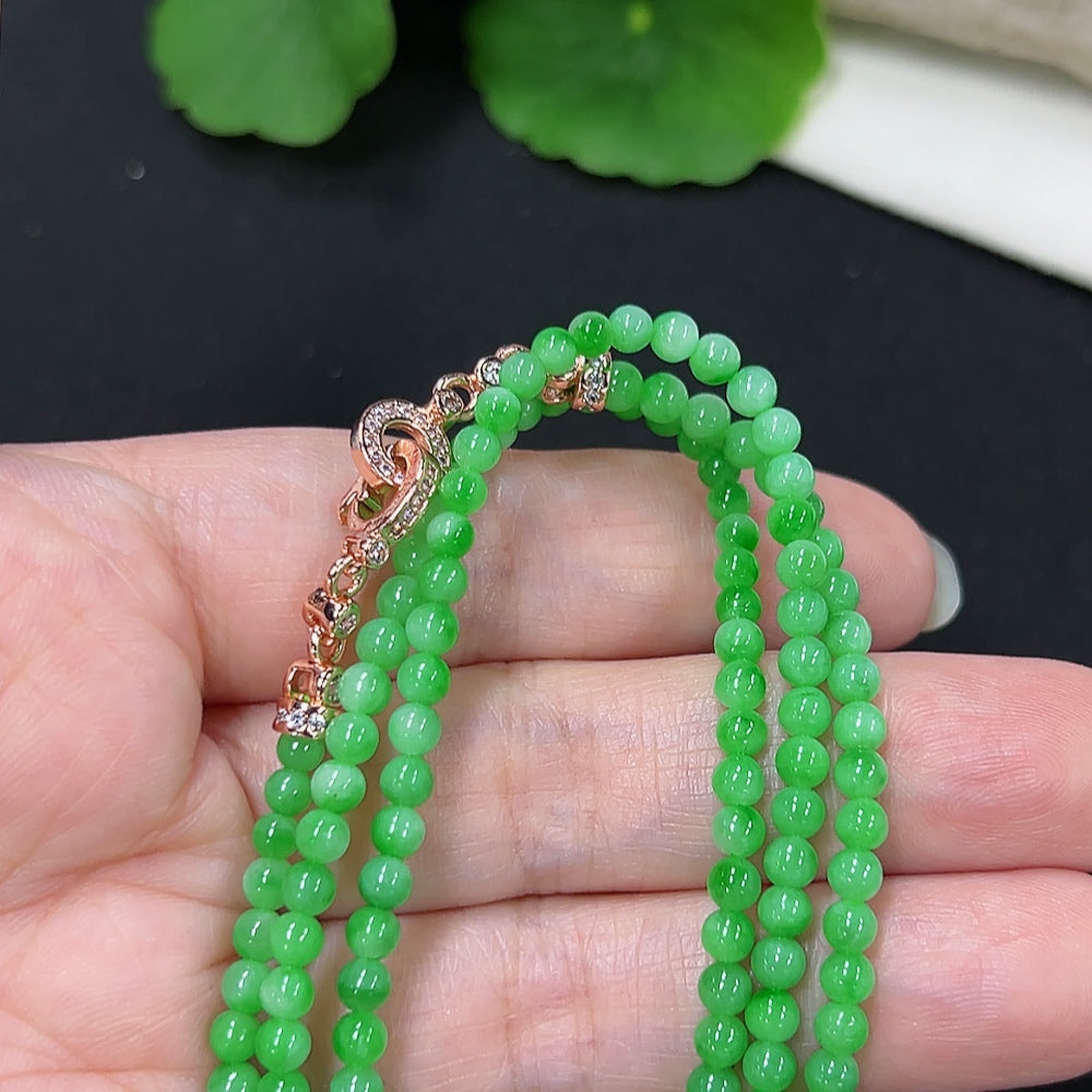 Jadeite bead necklace with 3.4mm beads, non-gold inlaid, HKHQ jade jewelry, showcasing the smooth, round jade beads.