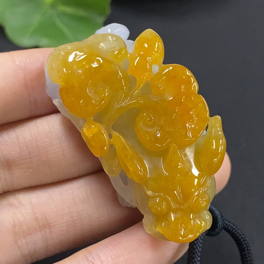 Jadeite Pixiu pendant in jade, weighing approximately 44.16g, featuring detailed carved design, by HKHQ.