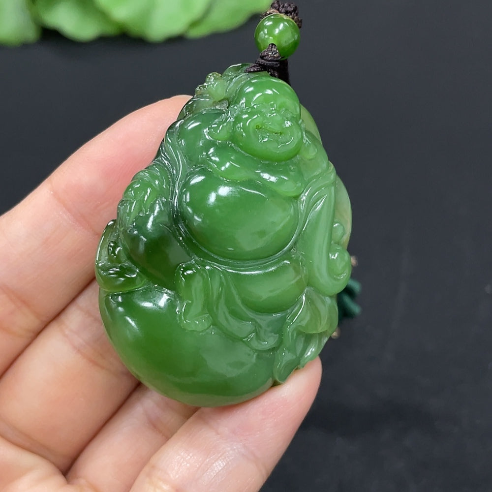 Hetian Jade Jasper pendant necklace with Buddha charm, approximately 37.4g including rope, beads are not Hetian Jade, HKHQ.