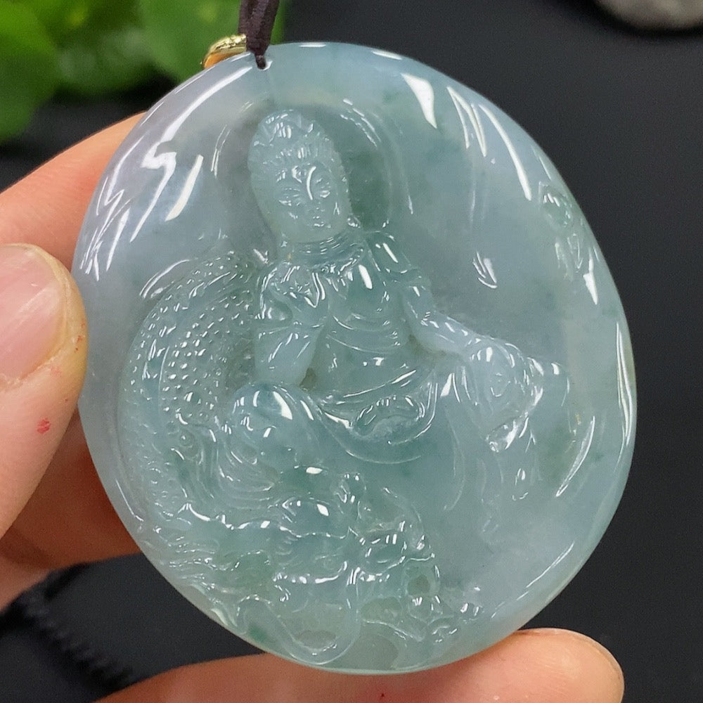Jadeite Dragon-Guarding Guanyin Pendant (Non-Gold-Inlaid)
