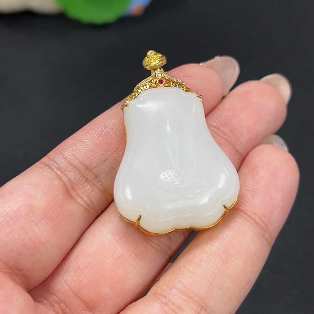 Hetian Jade Inlaid Pendant Ping Ping An An Total Weight Approx. 18.3g 18k Non-Diamond