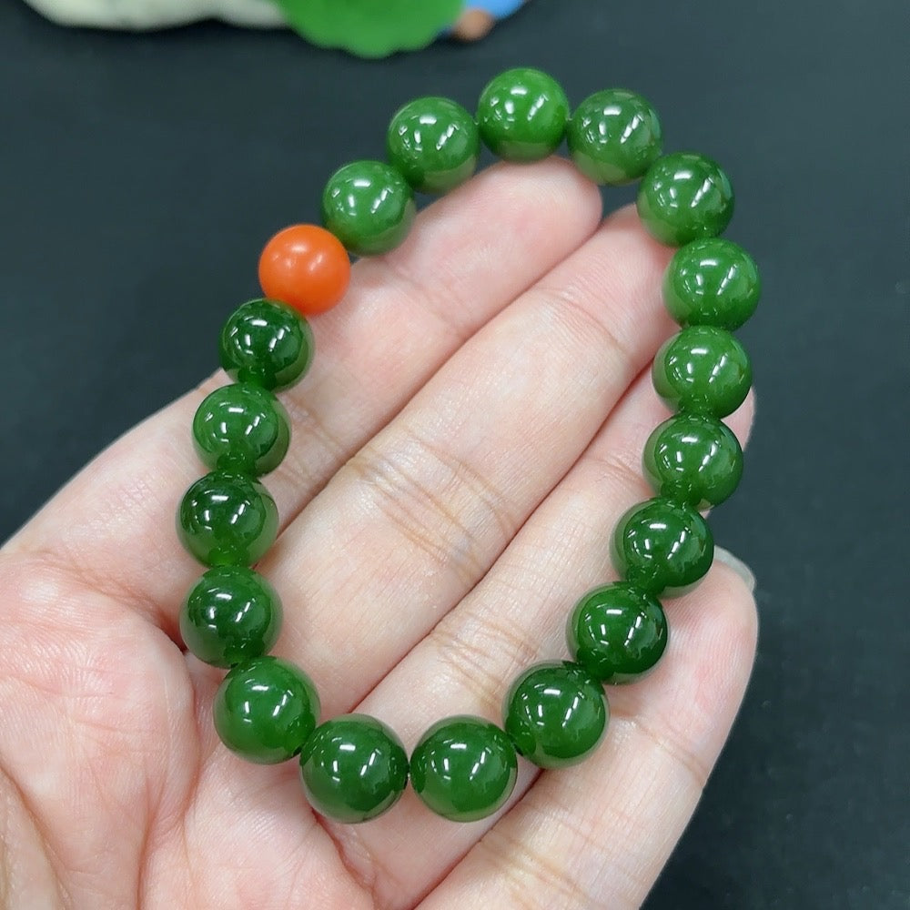 Green Hetian Jade Bracelet, with Southern Red Agate