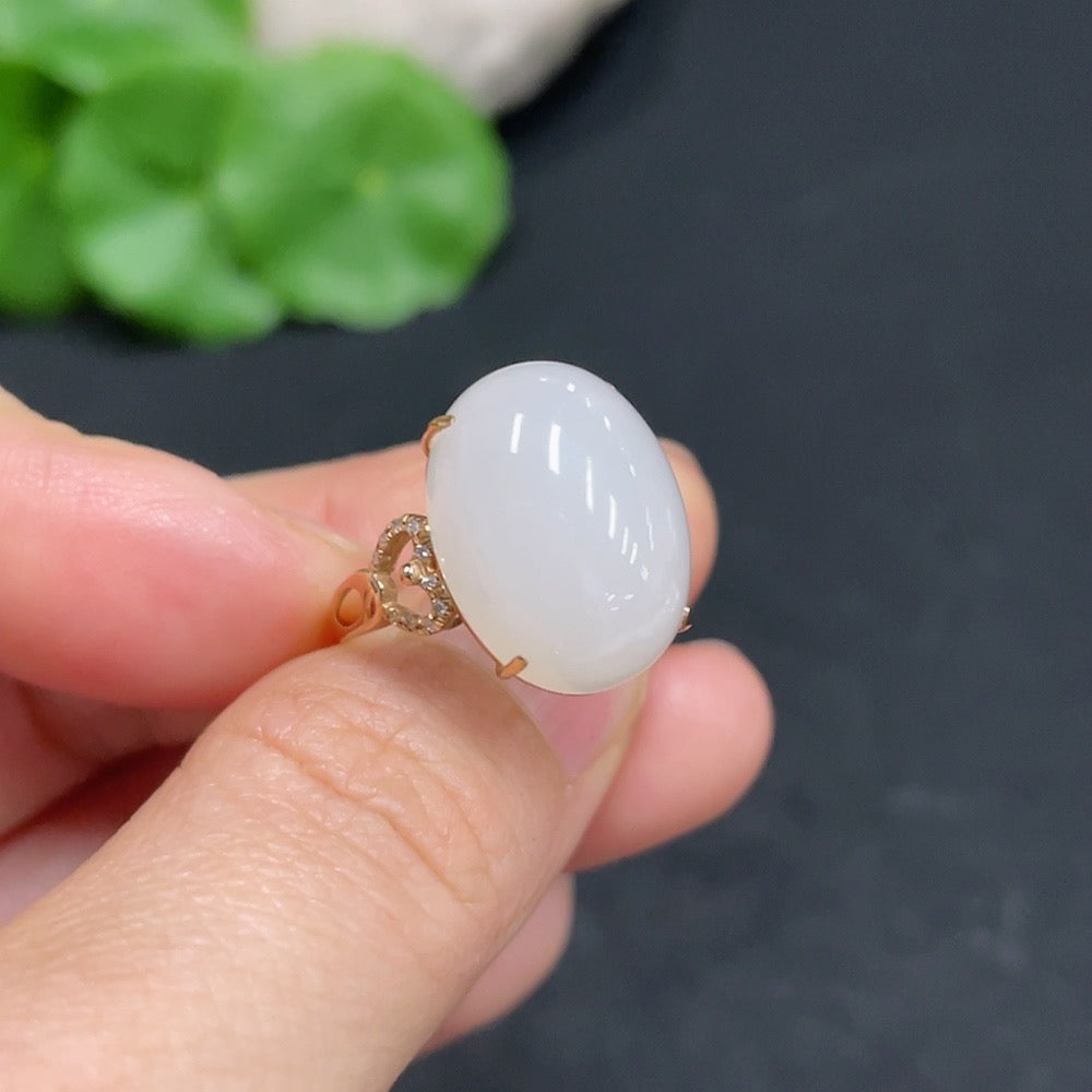 Hetian Jade Inlaid Ring with Diamond Accents, Size 14, 74% Gold Content, Total Weight Approx. 3.3g