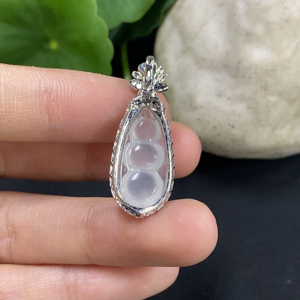 Jadeite Auspicious Bean Pendant Set in 18K Gold with Diamond Accents, Total Weight Approx. 2.88g