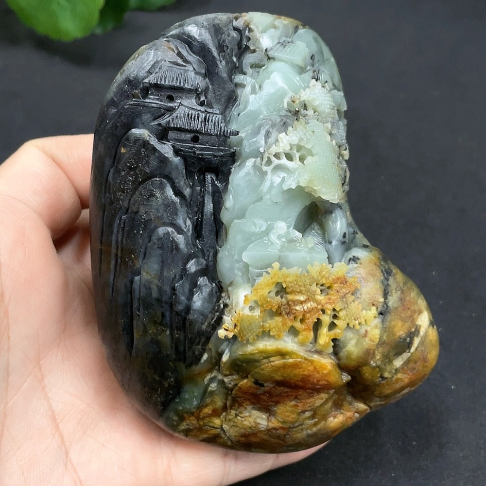 Hetian Jade Seed Material Handheld Piece - Landscape, Undetermined Skin Color Origin, Total Weight Approx. 432.2g