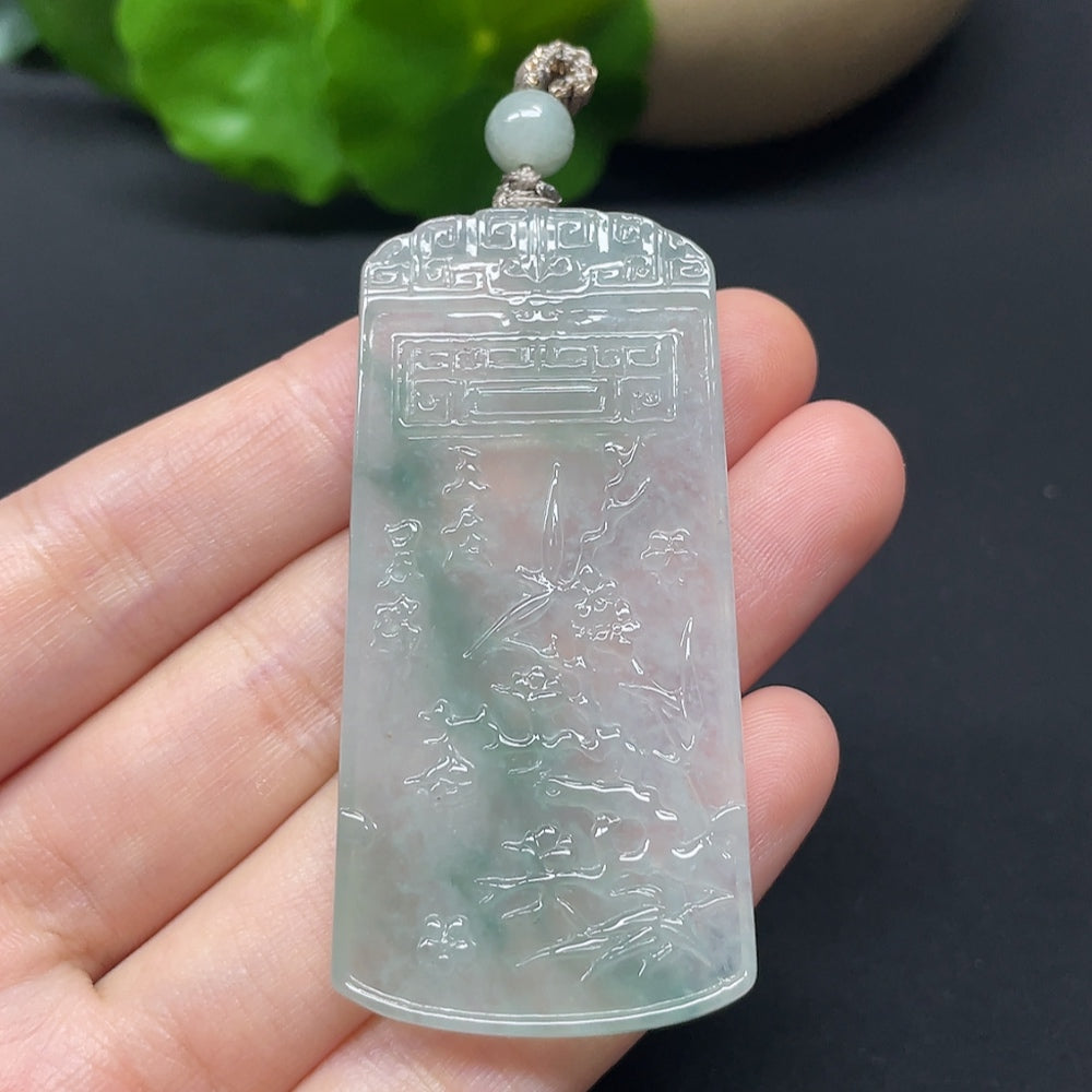 Jadeite Three Friends of Winter plaque with cord, showcasing detailed carvings in green jade, weighing approximately 17.89g.