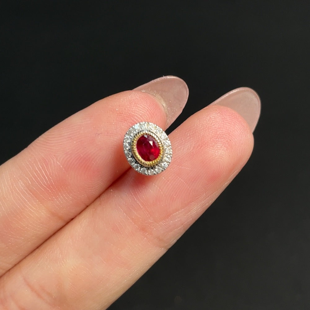Ruby Stud Earring, Single Piece, 18K Gold, Total Weight Approx. 0.63g, Accented with Diamonds