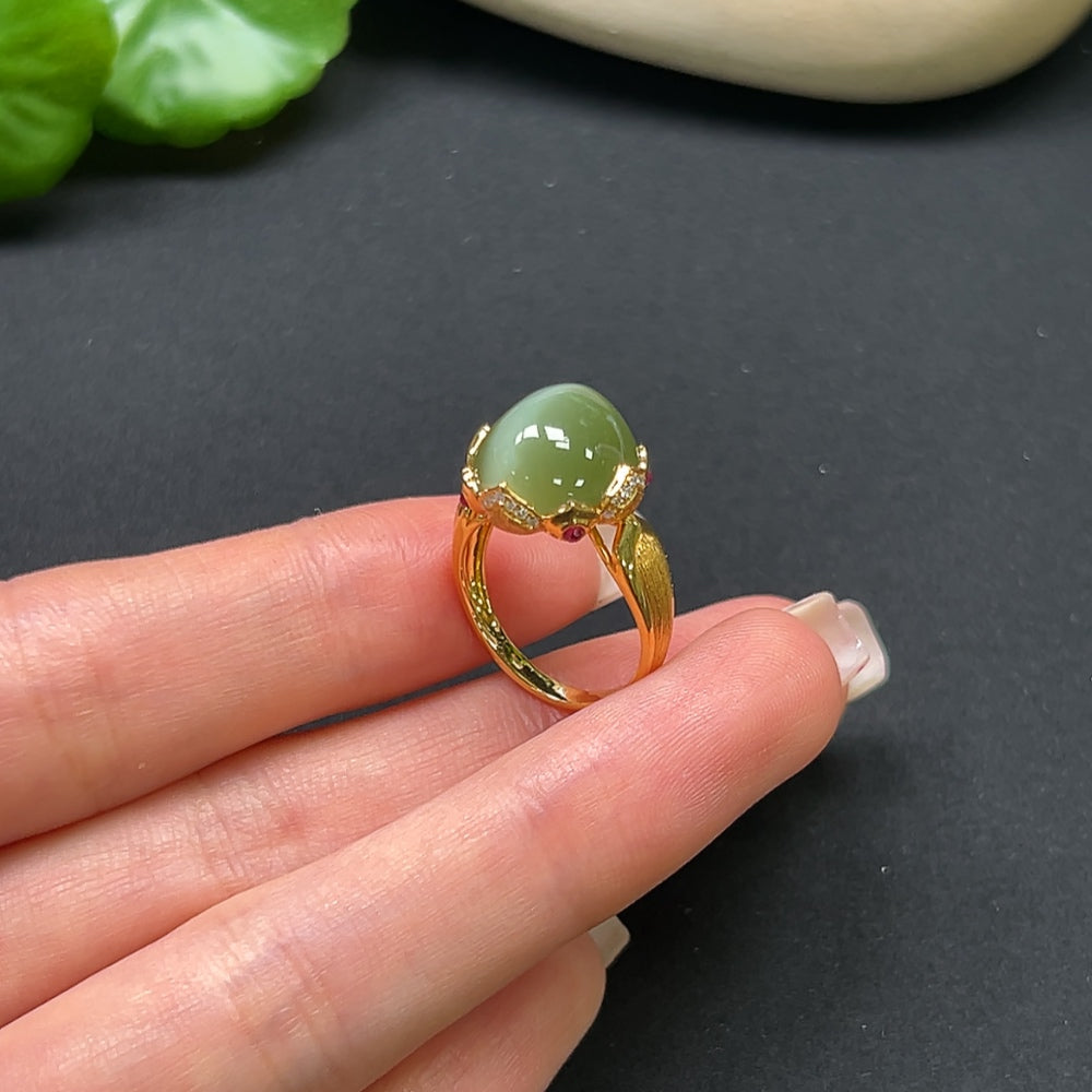 Hetian Jade Ring with Diamond Accents, 18K Gold, Size 11, Total Weight Approx. 4.49g