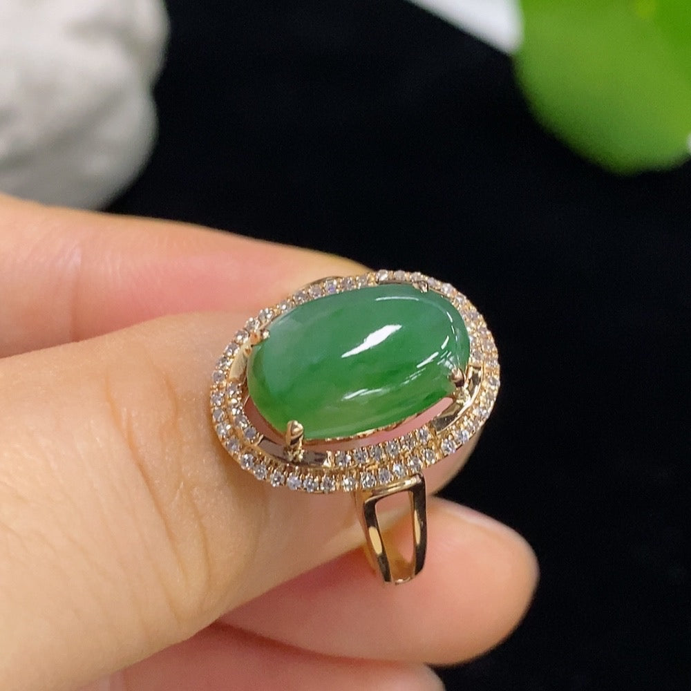 Jadeite cabochon inlaid ring with 18K gold setting, diamond accents, size 15, HKHQ jewelry, showcasing the detailed craftsmanship.