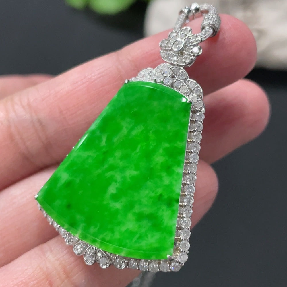 Jadeite Plain Pendant Pendant with 18K Gold Body and Chain, Accented with Diamonds, Total Weight Approximately 15.85g